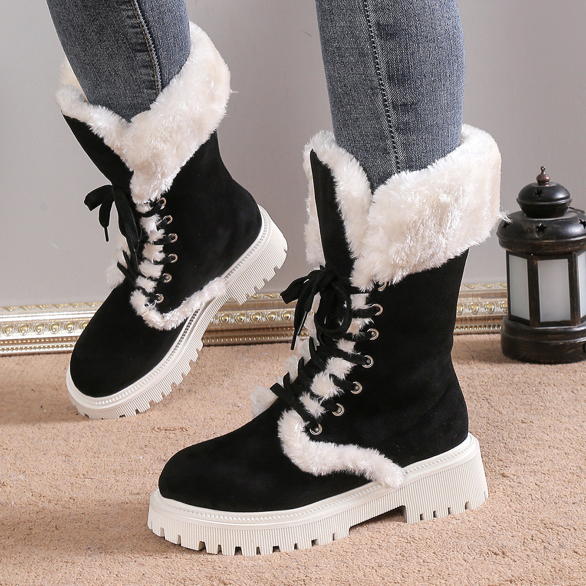 Winter Lace-up Snow Boots For Women Mid-tube Fleece Shoes Warm Chunky Heels Plush Boot GlamzKart