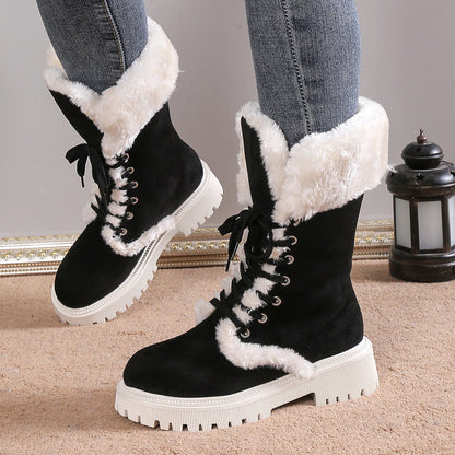 Winter Lace-up Snow Boots For Women Mid-tube Fleece Shoes Warm Chunky Heels Plush Boot GlamzKart