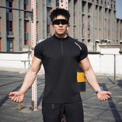 Short Sleeve Outdoor Sports Half Zipper Stand Collar T-shirt Black GlamzKart