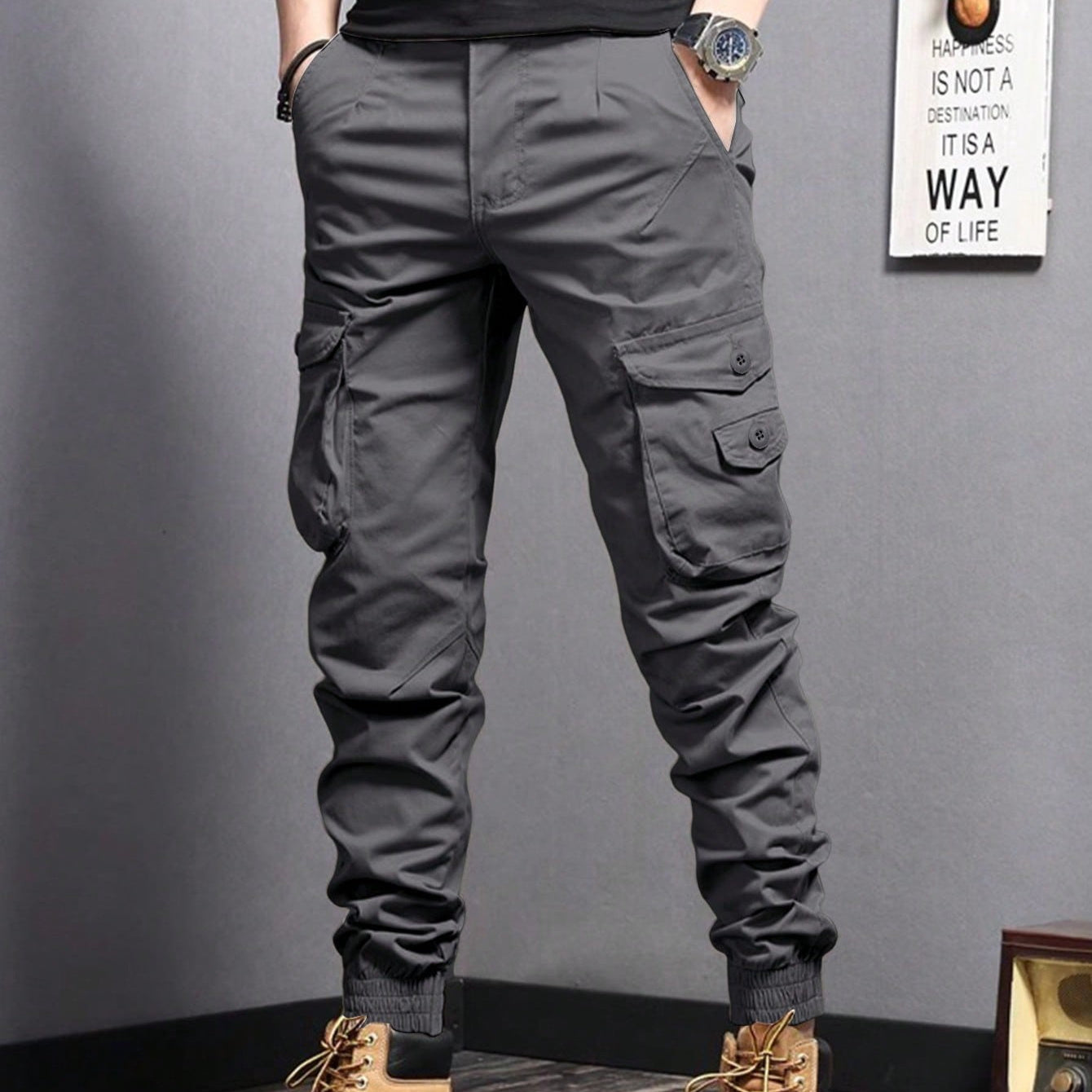 New Summer Casual Drawstring Workwear Pants Men Dark Gray GlamzKart