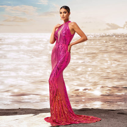 Round Neck Off-the-shoulder Slim-fit Sheath Sequined Banquet Fishtail Evening Dress GlamzKart