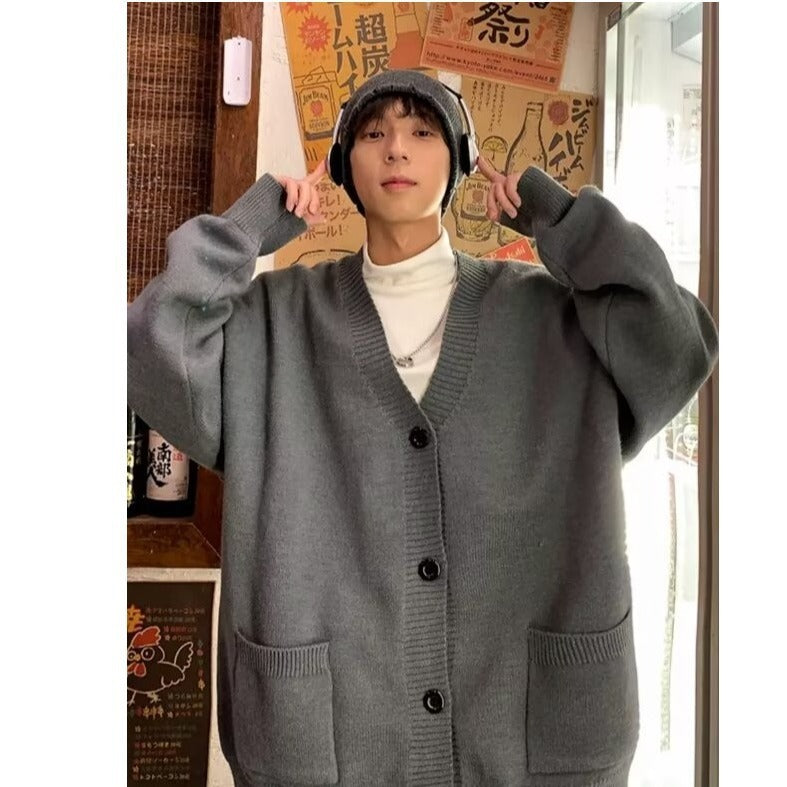 Cardigan Japanese Lazy Style Loose-fitting Versatile Sweater Coat Gray GlamzKart