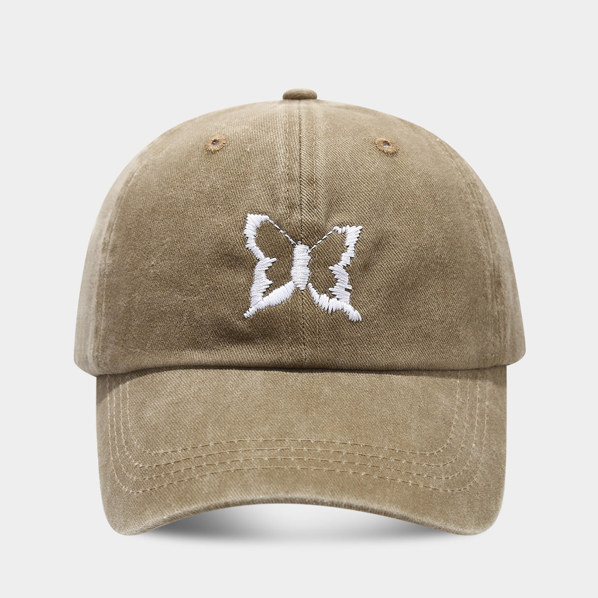 Soft Top Casual Peaked Cap Butterfly Embroidered Sun Hat Khaki Adjustable GlamzKart