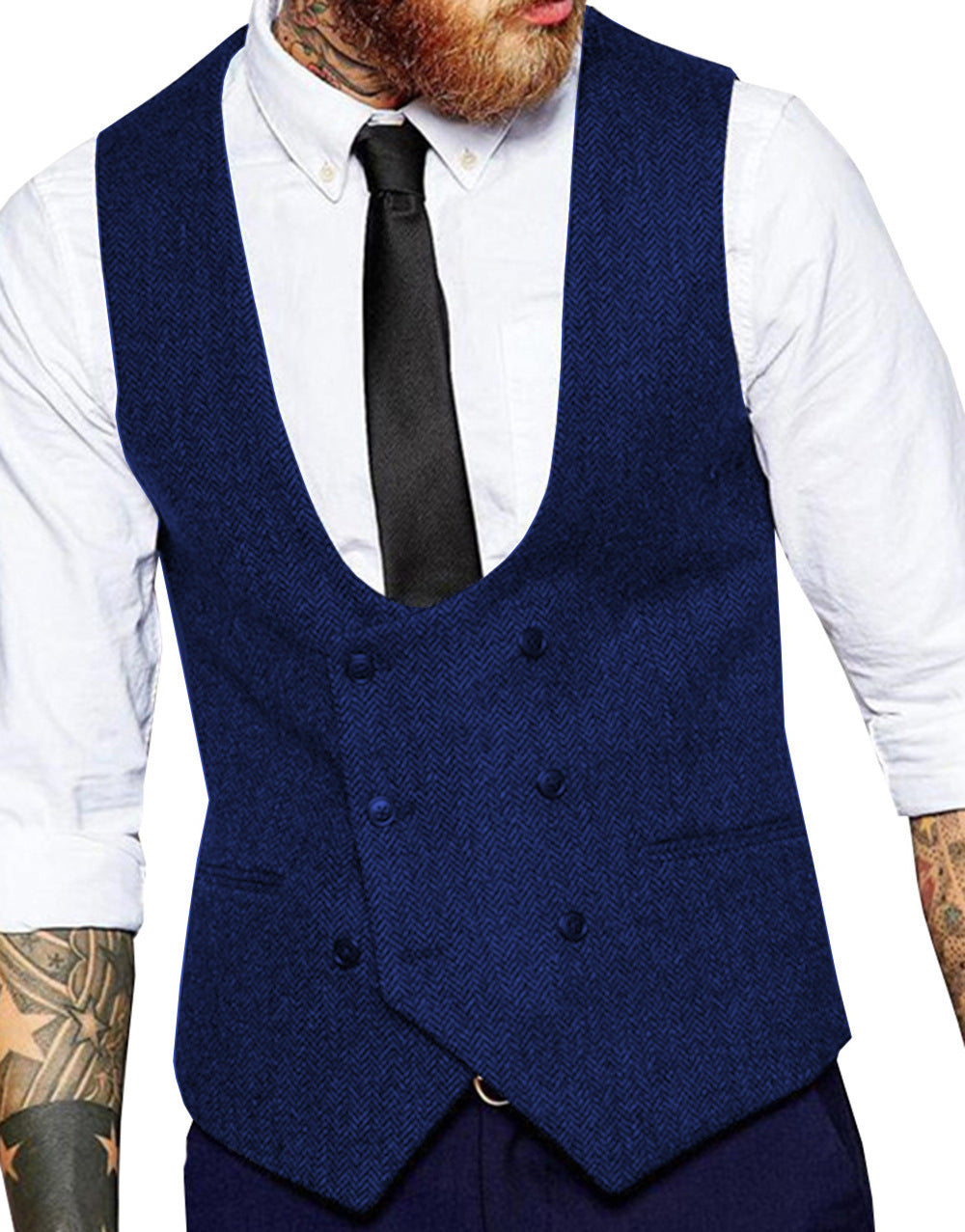 Retro Casual Herringbone Pattern Men's Suit Vest Groom Groomsman Slim Fit Vest Sapphire Blue GlamzKart