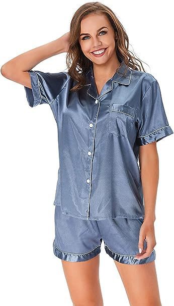 Ice Silk Women's Short Sleeve Satin Plus Size Pajamas Gray Blue GlamzKart