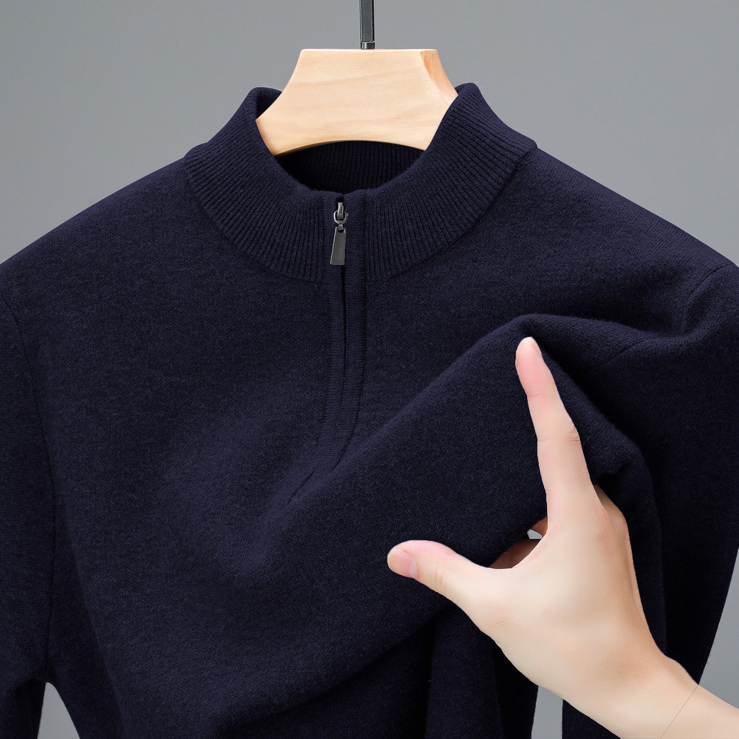 Men's Half-high Collar Zipper Sweater Middle-aged Men's Thickened Keep Warm Pure Color Sweater Navy Blue GlamzKart