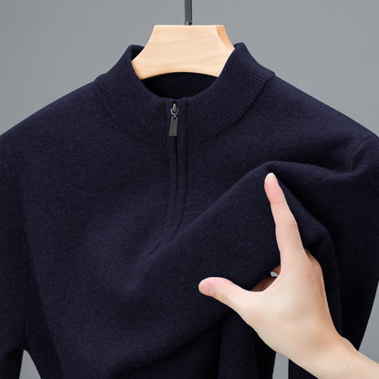 Men's Half-high Collar Zipper Sweater Middle-aged Men's Thickened Keep Warm Pure Color Sweater Navy Blue GlamzKart