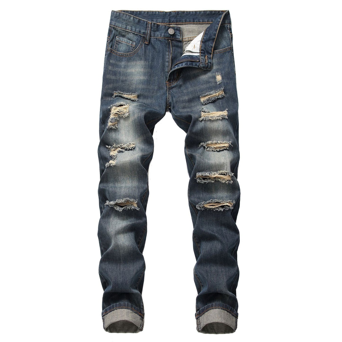 Men's Ripped Straight Slim Fit Non-stretch Jeans GlamzKart