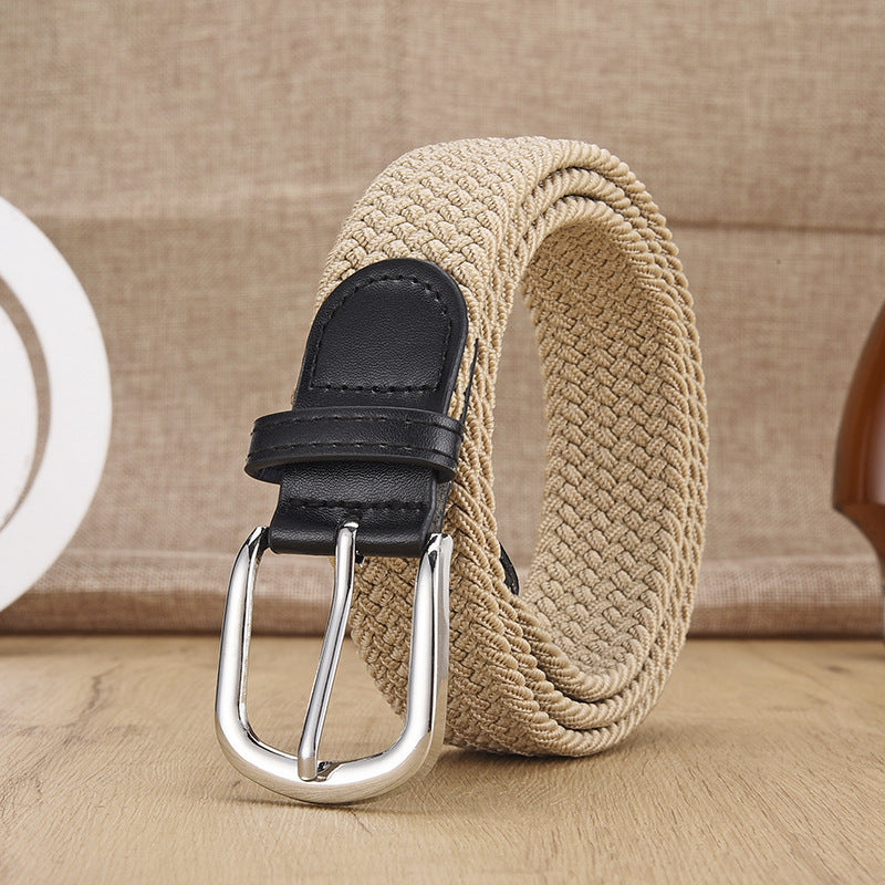 New Men's And Women's Woven Belt Elastic Stretch Punch-free Silver Buckle Beige GlamzKart