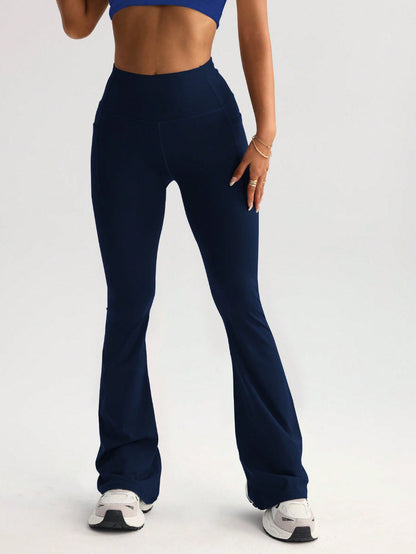 High Waist T-line Yoga Wide-leg Pants With Pockets Dark Blue GlamzKart