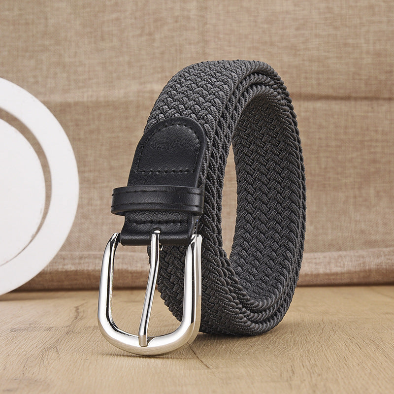 New Men's And Women's Woven Belt Elastic Stretch Punch-free Silver Buckle Gray GlamzKart