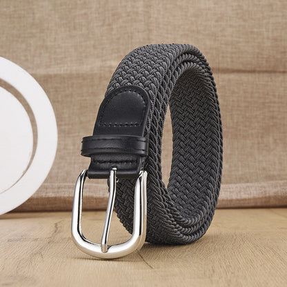 New Men's And Women's Woven Belt Elastic Stretch Punch-free Silver Buckle Gray GlamzKart