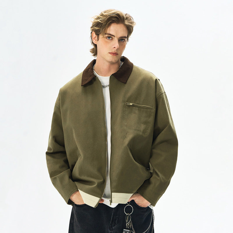 Contrast Color Washed Polo Collar Jacket Men GlamzKart