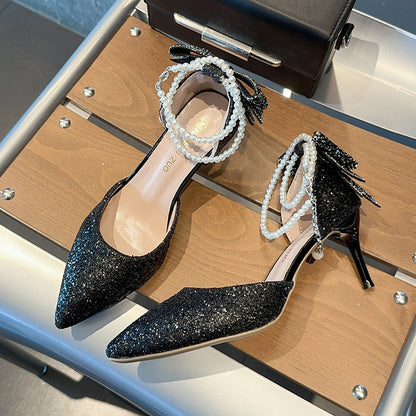 Pointed Toe Shallow Mouth Black Paillette Bow High Heels For Women Black 7cm GlamzKart