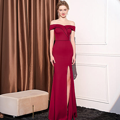 Women's Off-shoulder Slim-fit Elegant Ladies Banquet Dinner Long Fish Tail Skirt Wine Red GlamzKart