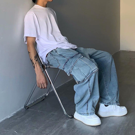 Street Retro Drape Large Loose Pockets Cargo Jeans GlamzKart