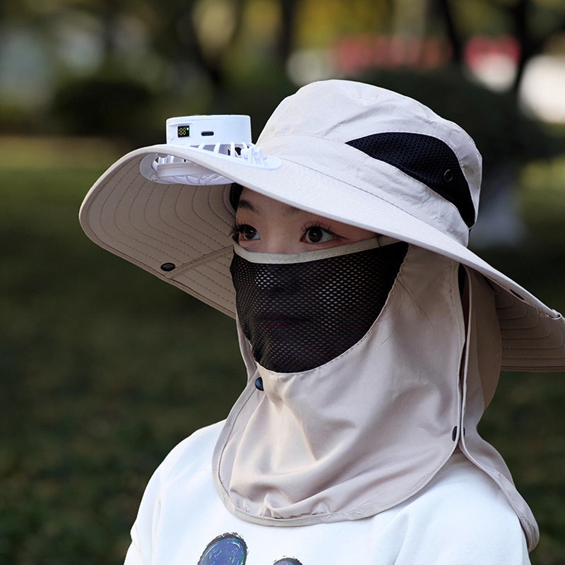 Hat With Fan Men's Fishing Outdoor Sunshade Beige L 58to60cm GlamzKart