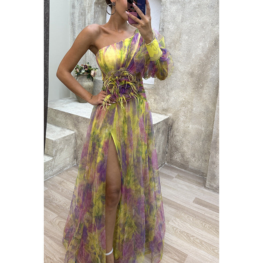 New Party Mesh Slanted Shoulder Dress INS Casual And Fashionable Women's Long Skirt GlamzKart