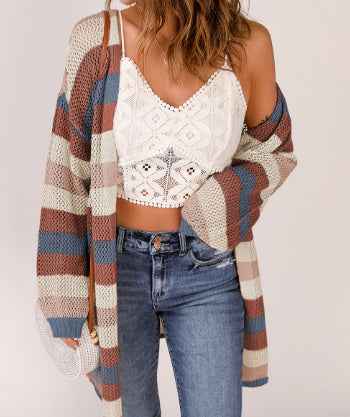 Blue Striped Color Block Hollowed Knit Cardigan