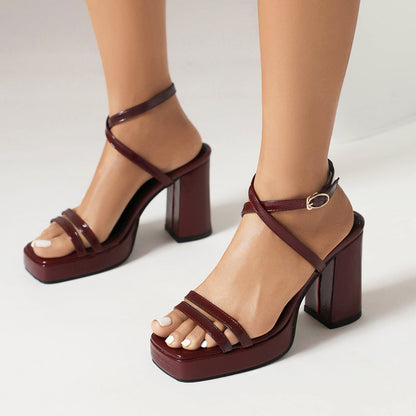 Summer Square Toe Thin Strap Buckle Wide Strap High Heels GlamzKart
