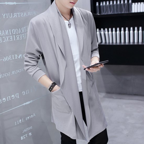 Slim Fit Student Handsome Cloak Men's Coat Gray 9909 Lapel GlamzKart