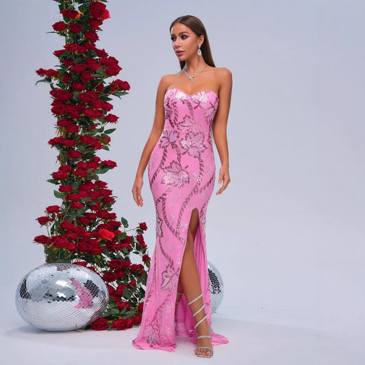 Wrapped Chest Off-neck Sheath Sequined Banquet Fishtail Evening Dress GlamzKart
