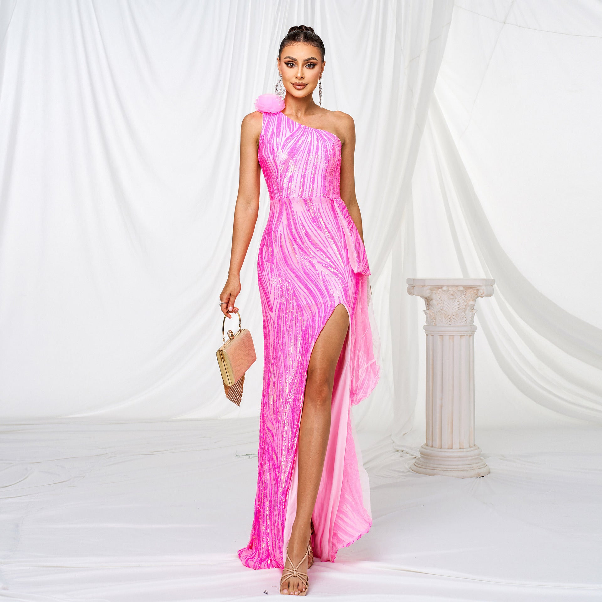 One-shoulder Diagonal Collar Sequined Slit Evening Dress Rose Red GlamzKart
