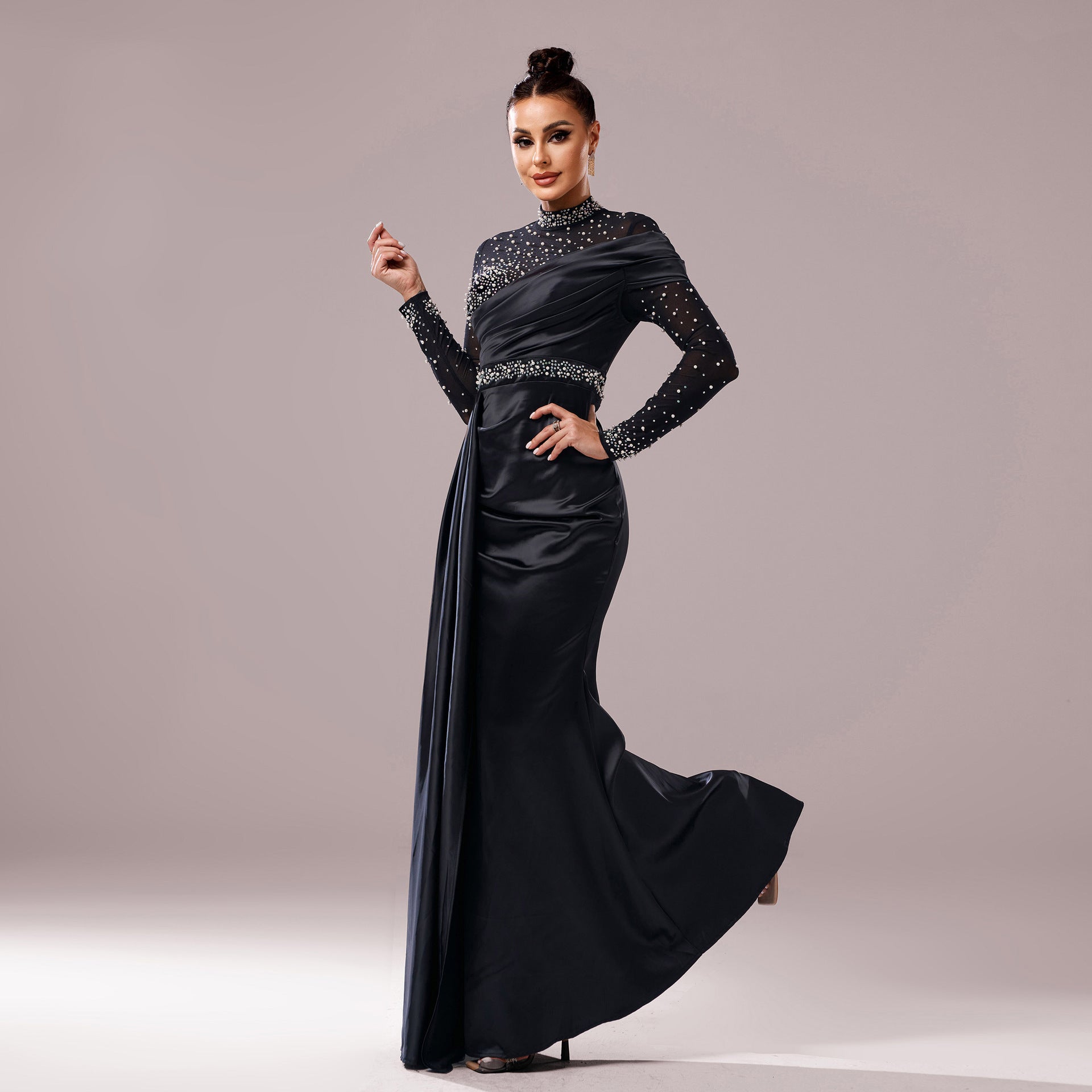 Long Sleeve Slim-fit Sheath Pearl Banquet Fishtail Evening Dress GlamzKart