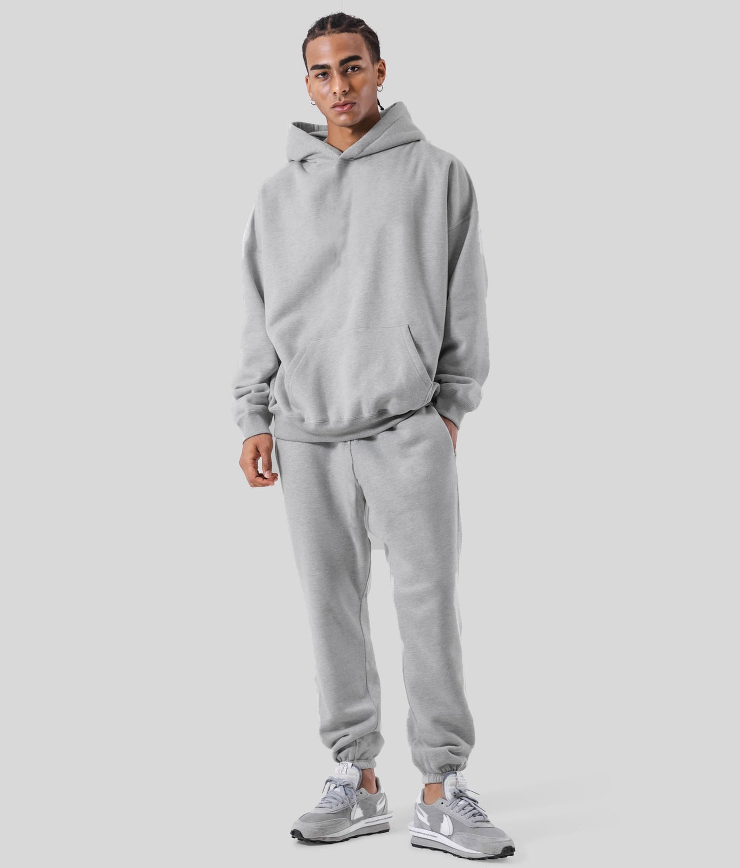 Men's Casual Loose Solid Color Hooded Sweatshirt Pants Heather Gray GlamzKart