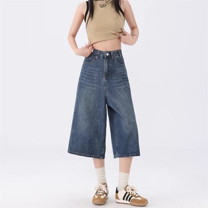 Cropped Jeans Women's Wide-leg Summer Inelastic Retro Blue GlamzKart