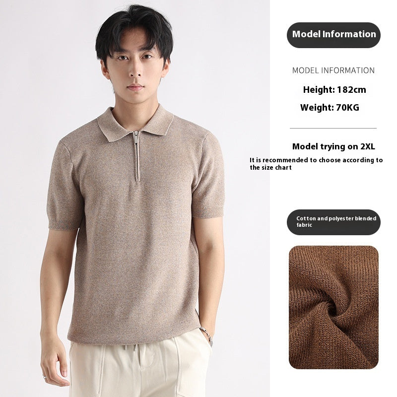 Men's Knitted Short-sleeved Ice Silk Polo Shirt Heather Camel GlamzKart