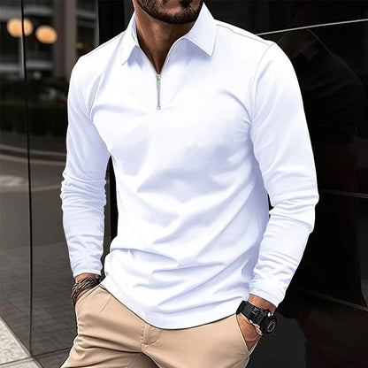 Zipper Men's Solid Color Long Sleeve Sports Polo Shirt GlamzKart