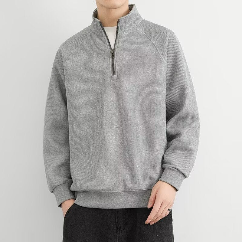 Half Zipped Stand Collar Men's Vintage Fleece-lined Thickened Casual Sweatshirt Gray GlamzKart