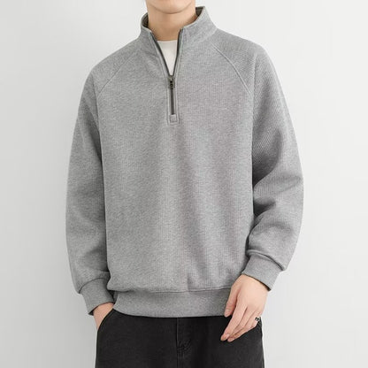 Half Zipped Stand Collar Men's Vintage Fleece-lined Thickened Casual Sweatshirt Gray GlamzKart