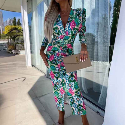 Puff Sleeve Long Sleeve Split V-neck High Waist Slimming