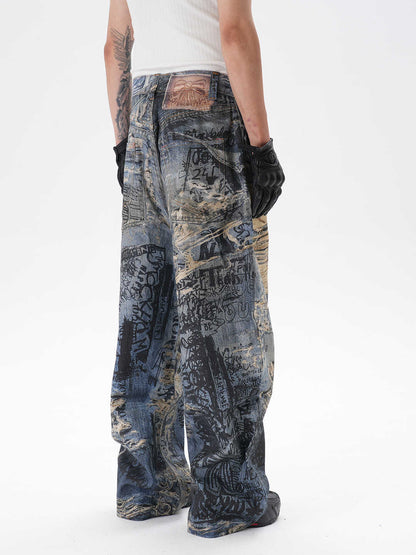 3D Digital Printing Ripped Graffiti Straight Jeans GlamzKart