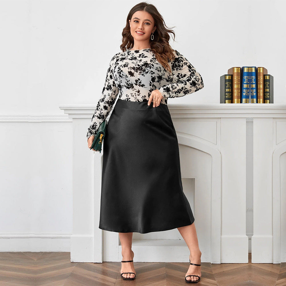 High Waist Zipper Large Hem Satin Satin Temperament Skirt GlamzKart