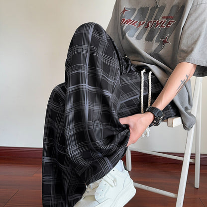 Plaid Ice Silk Men's Summer Thin Cool Casual Trousers Black GlamzKart