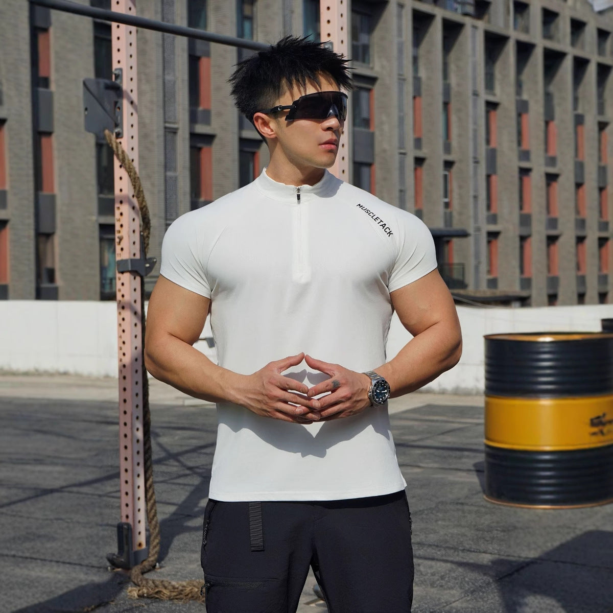 Short Sleeve Outdoor Sports Half Zipper Stand Collar T-shirt White GlamzKart