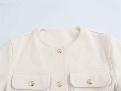 Temperament Crew Neck Long Sleeve Pocket Decorative Jacket Coat