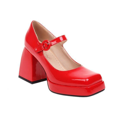 Japanese All-match Lolita Retro Patent Leather Thick High Heels Women Red GlamzKart