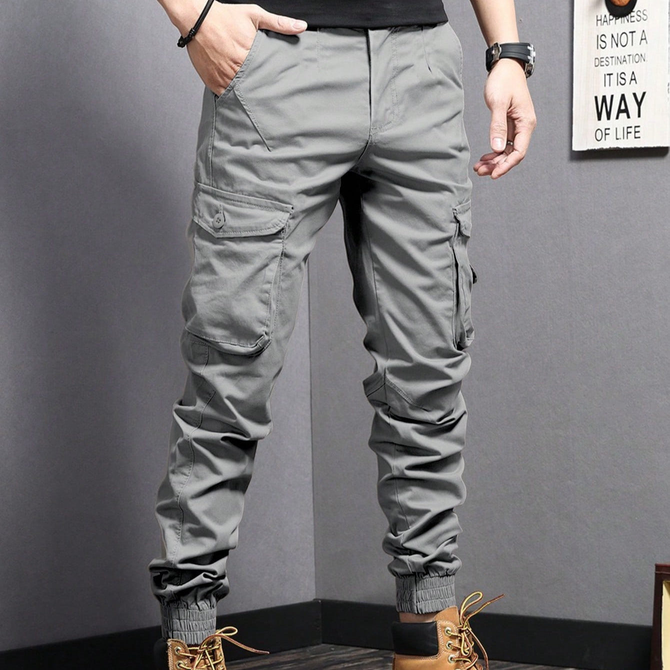 New Summer Casual Drawstring Workwear Pants Men Light Gray GlamzKart