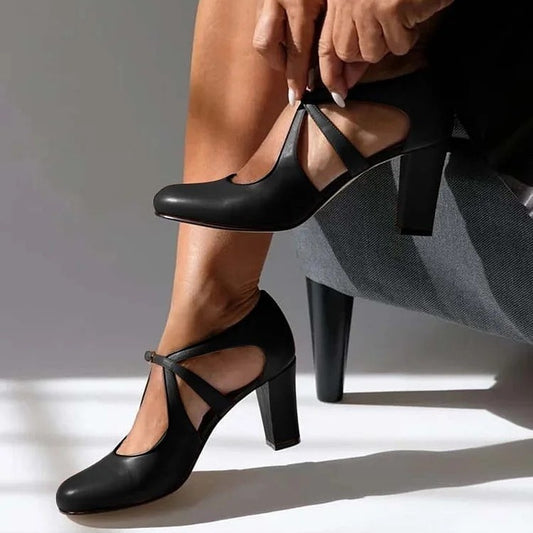 Women's High Heel Round Toe Buckle Large Size Shoes GlamzKart