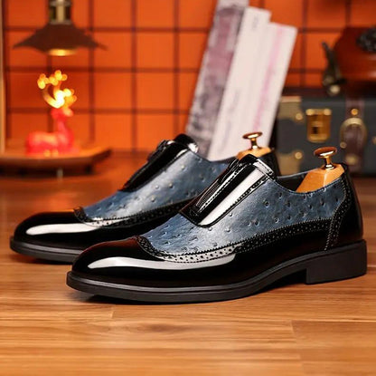 Ostrich Grain Embossed Zipper Pointed Plus Size Bright Leather Chelsea Men's Shoes GlamzKart