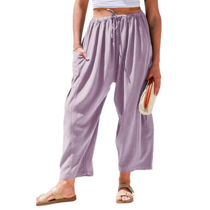 Elastic Pleated High Waist Cotton Linen Wide Leg Pants GlamzKart