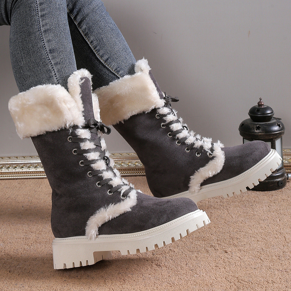 Winter Lace-up Snow Boots For Women Mid-tube Fleece Shoes Warm Chunky Heels Plush Boot Grey GlamzKart