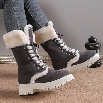Winter Lace-up Snow Boots For Women Mid-tube Fleece Shoes Warm Chunky Heels Plush Boot Grey GlamzKart