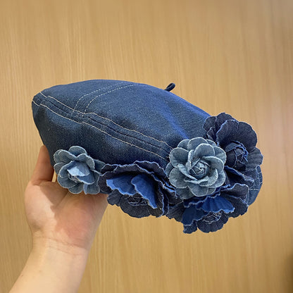 Japanese Minority Contrast Color Three-dimensional Flowers Denim Beret GlamzKart