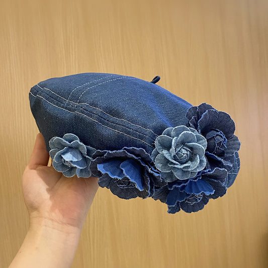 Japanese Minority Contrast Color Three-dimensional Flowers Denim Beret GlamzKart