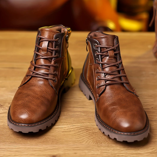Men's Color Matching Casual Side Zipper Middle Tube Leather Boots GlamzKart